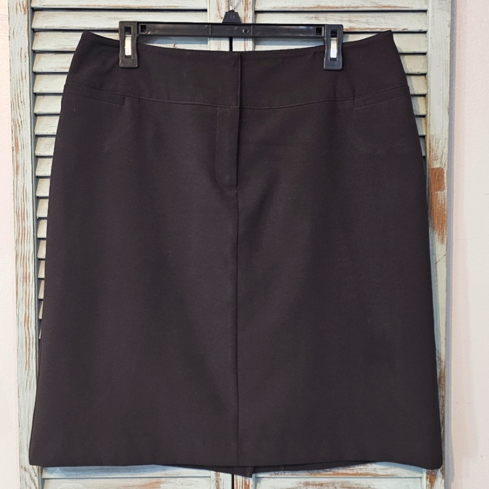 NEW YORK & COMPANY STRETCH SKIRT Womens Size 14 Brown Midi Back Slit Hook & Eye